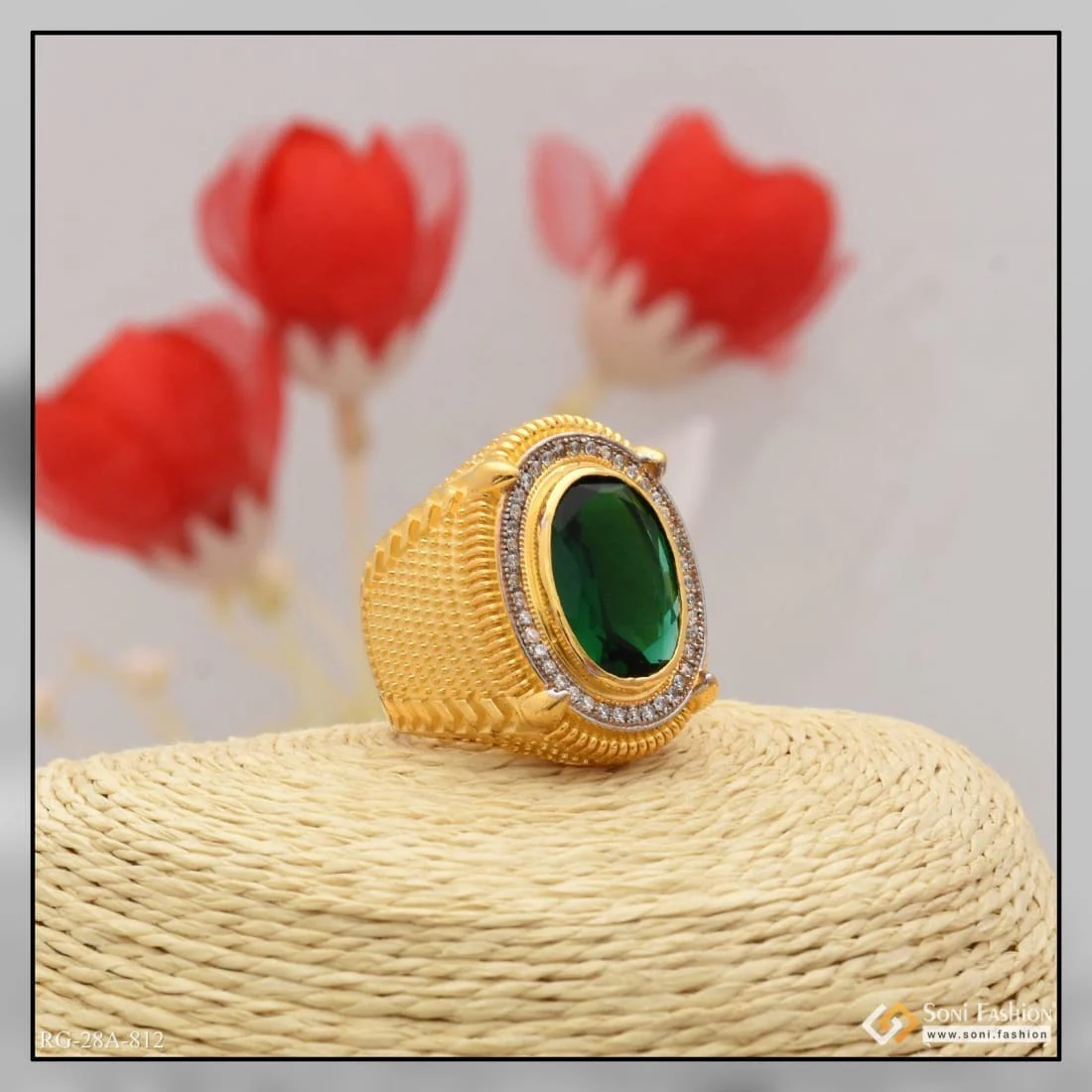 1 Gram Gold Plated Green Stone with Diamond Sophisticated Design Ring - Style A812 - Image 6