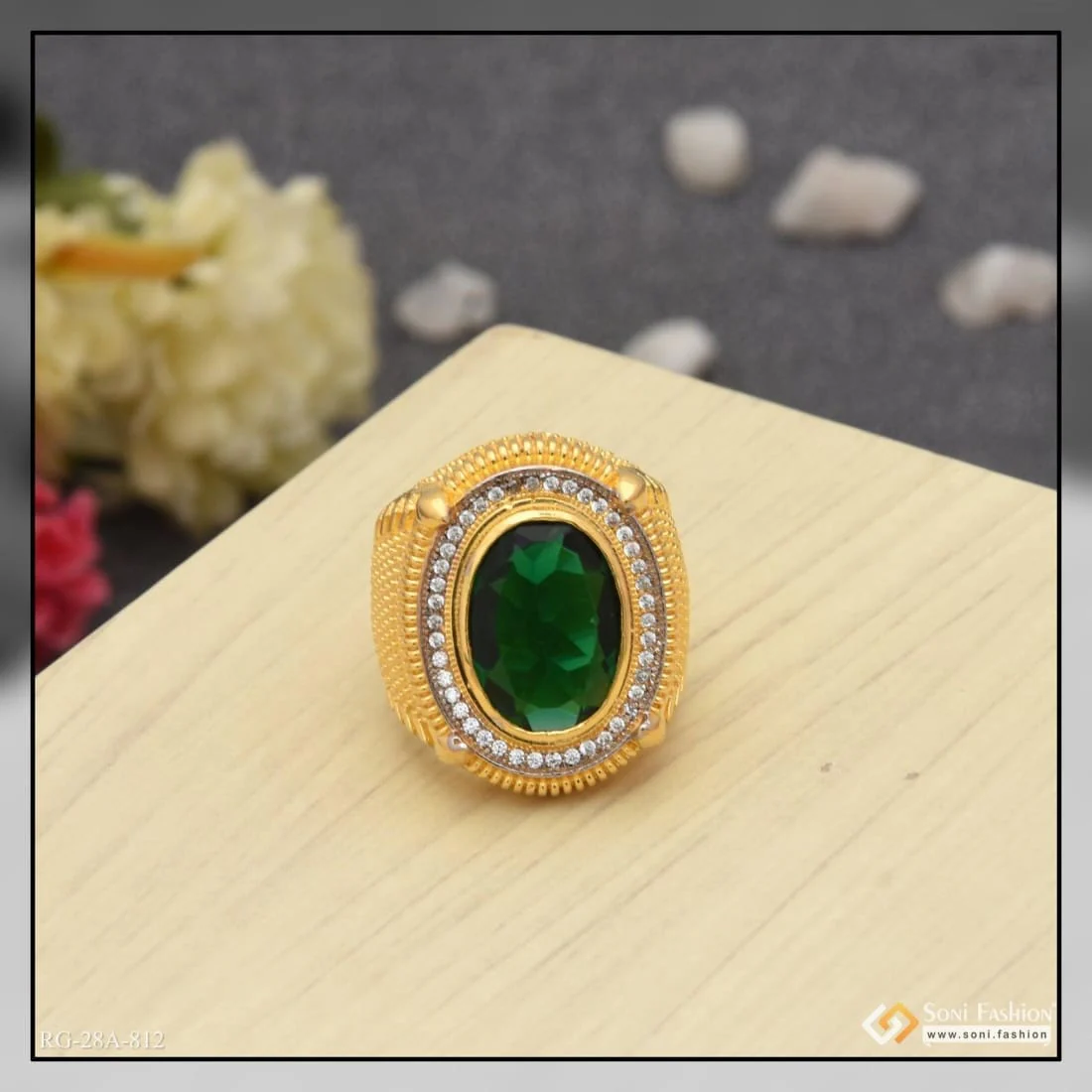 1 Gram Gold Plated Green Stone with Diamond Sophisticated Design Ring - Style A812 - Image 7