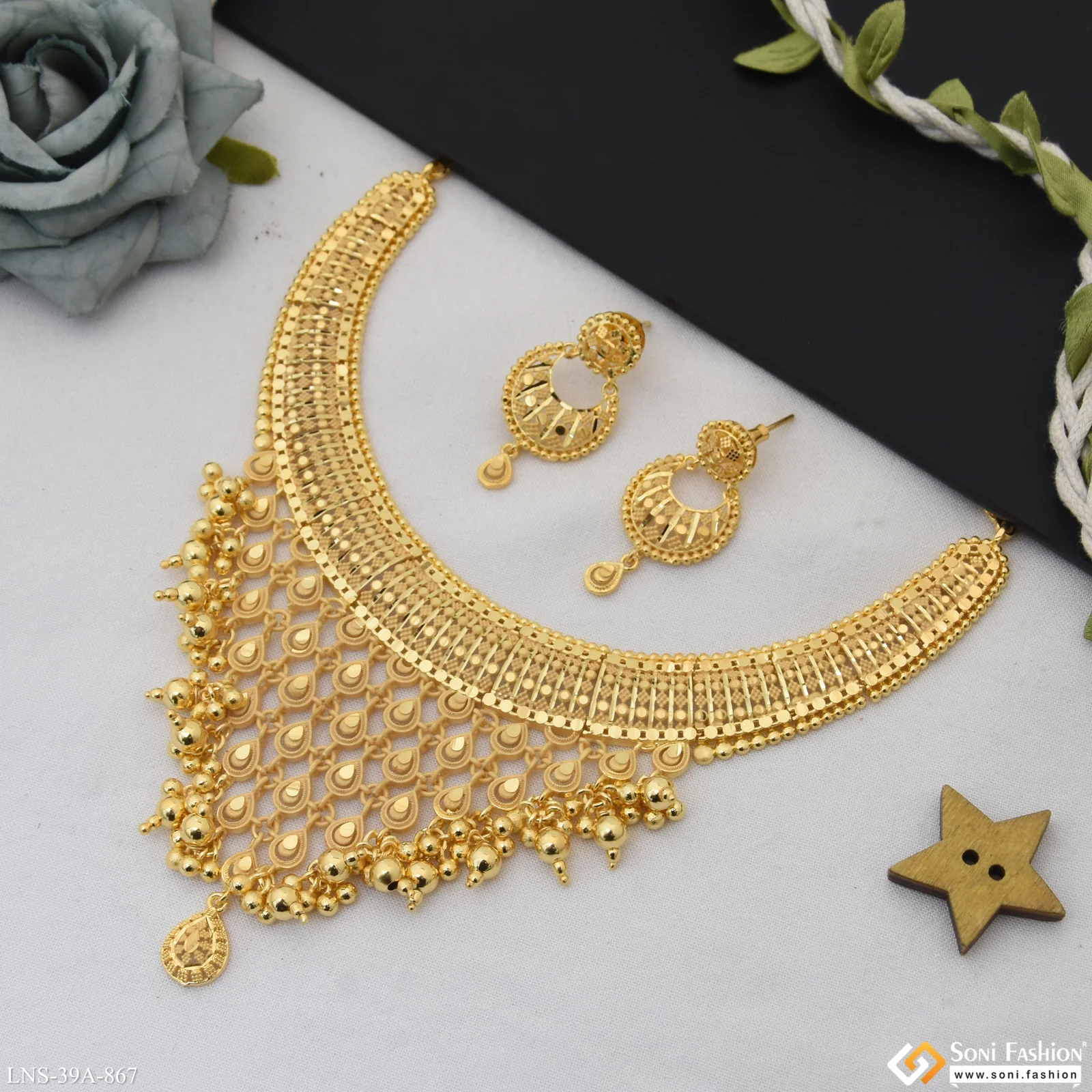 1 Gram Gold Plated Hand-Crafted Design Necklace Set for Women - Style A867 - Image 3
