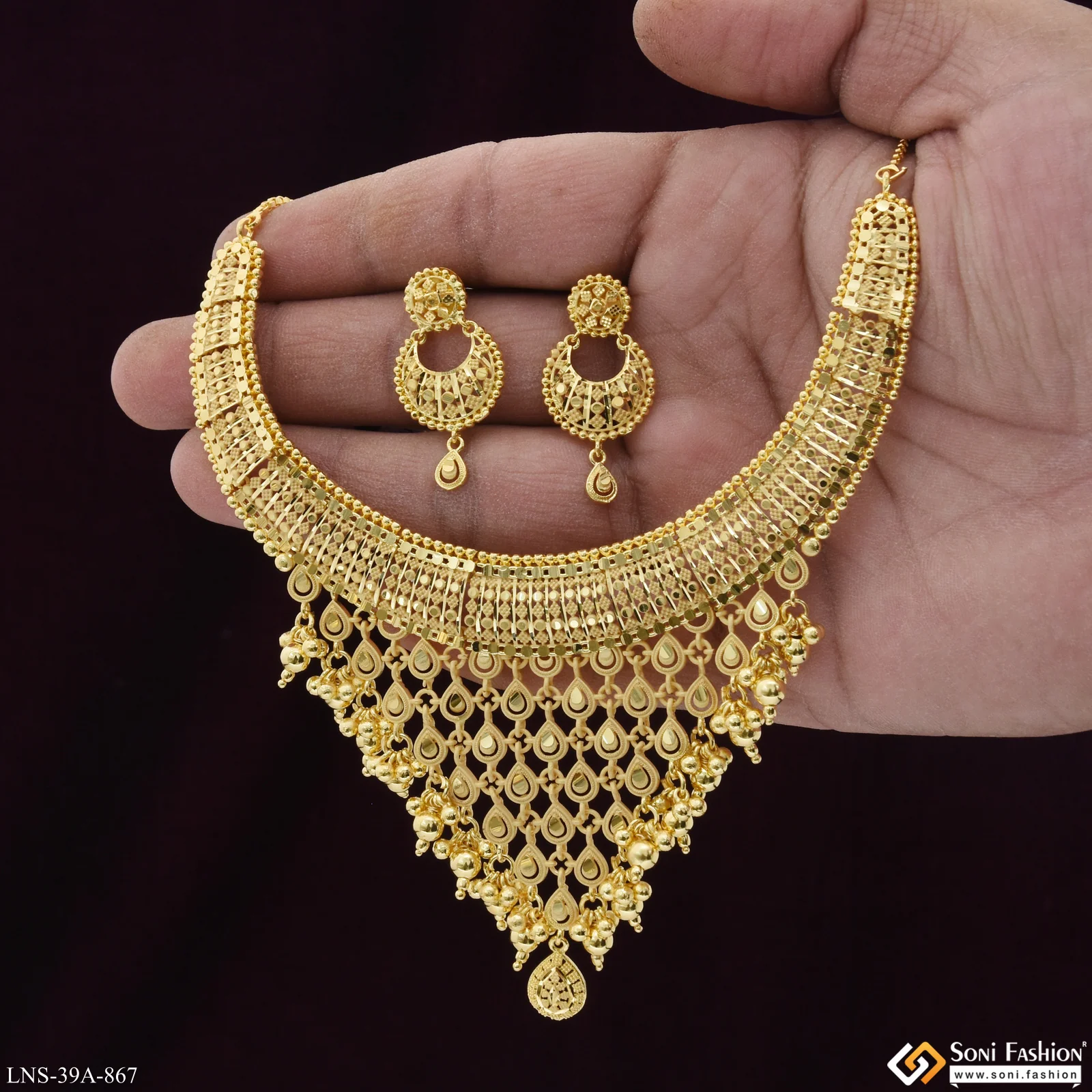 1 Gram Gold Plated Hand-Crafted Design Necklace Set for Women - Style A867 - Image 4