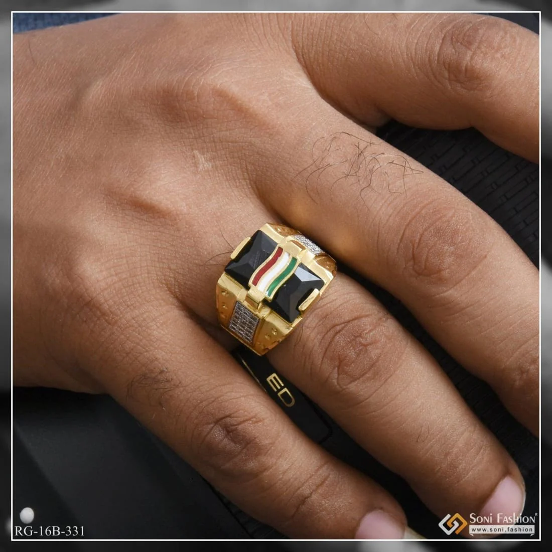 1 Gram Gold Plated Indian Flag On Black Stone Best Quality Ring for Men - Style B331