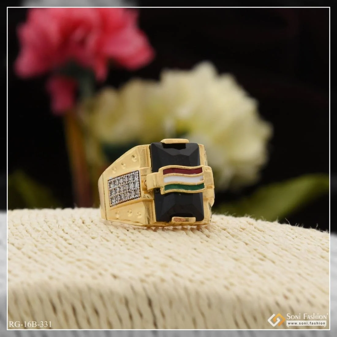 1 Gram Gold Plated Indian Flag On Black Stone Best Quality Ring for Men - Style B331 - Image 2