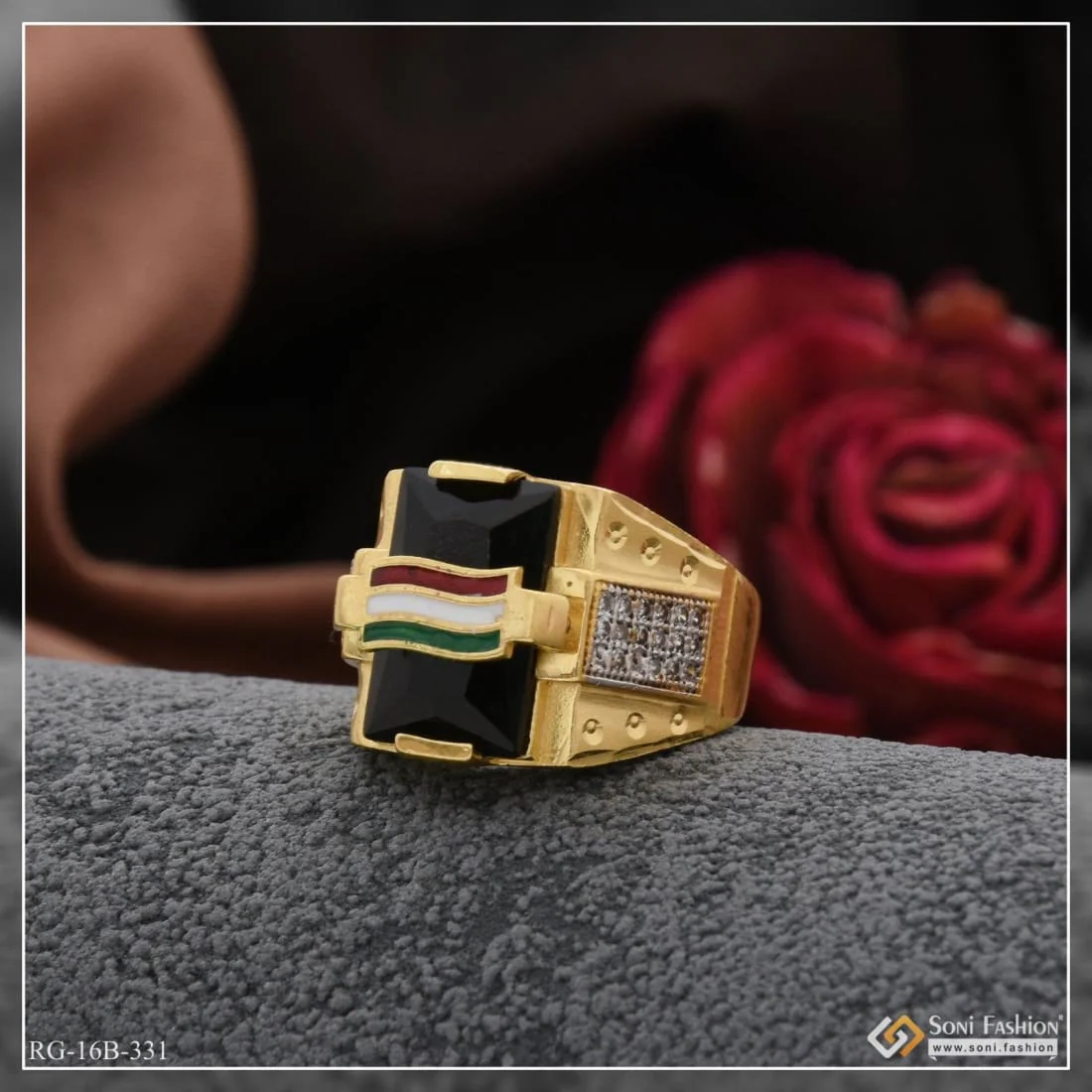 1 Gram Gold Plated Indian Flag On Black Stone Best Quality Ring for Men - Style B331 - Image 3