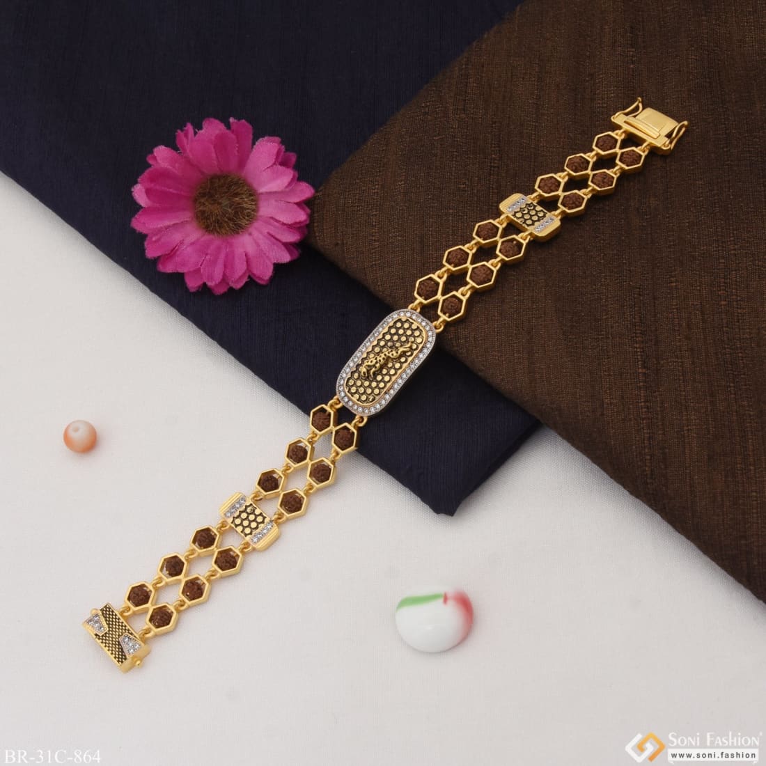 1 Gram Gold Plated Jaguar Fabulous Design Rudraksha Bracelet for Men - Style C864 - Image 3