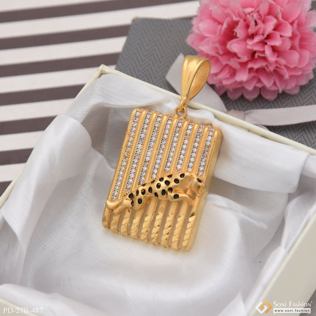 1 Gram Gold Plated Jaguar with Diamond Antique Design Pendant for Men - Style B487
