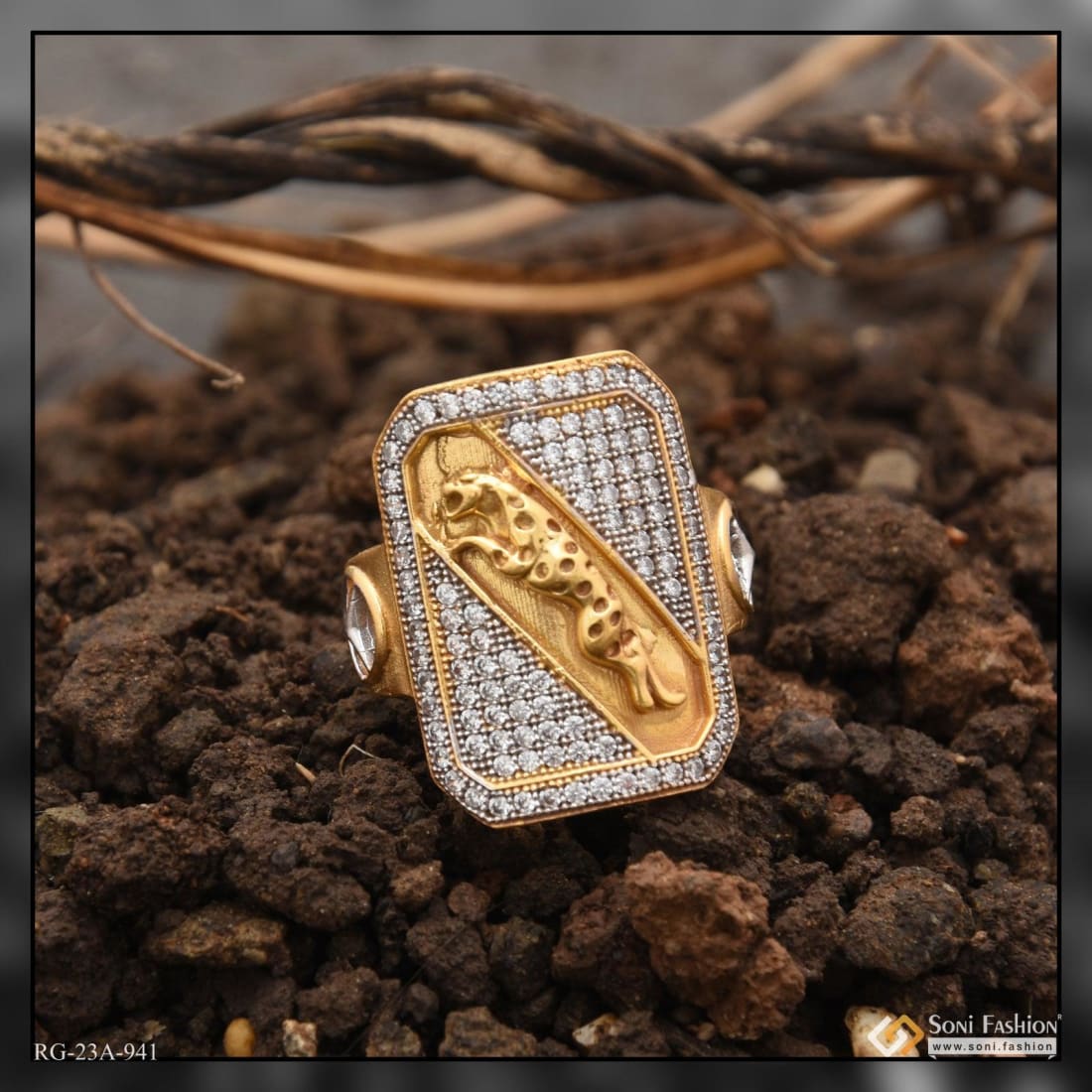 1 Gram Gold Plated Jaguar With Diamond Gorgeous Design Ring For Men - Style A941 - Image 3
