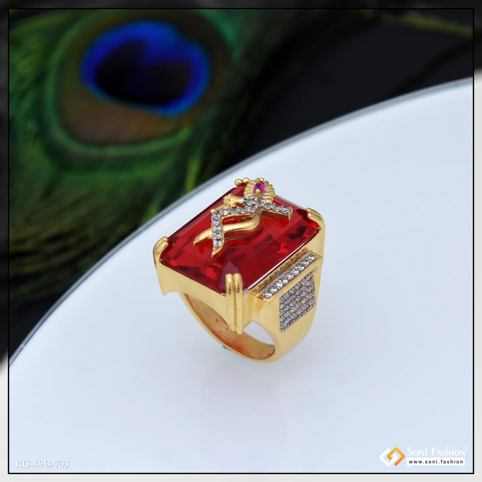 1 Gram Gold Plated Krishna On Red Stone Awesome Design Ring for Men - Style B703 - Image 5