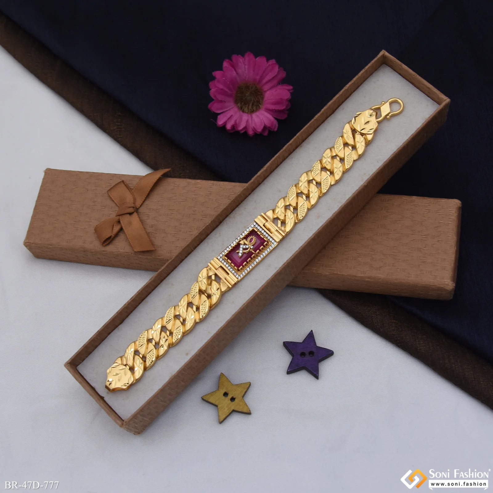 1 Gram Gold Plated Krishna On Red Stone Pokal Bracelet For Men - Style D777 - Image 3