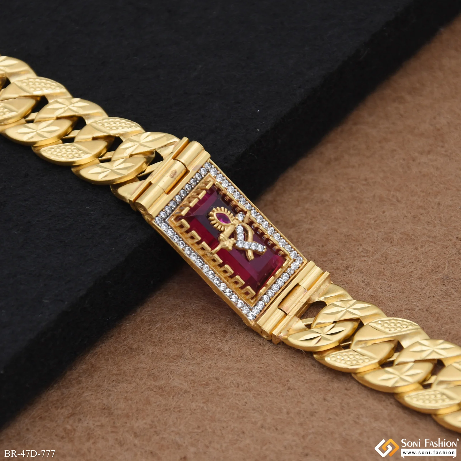 1 Gram Gold Plated Krishna On Red Stone Pokal Bracelet For Men - Style D777 - Image 5