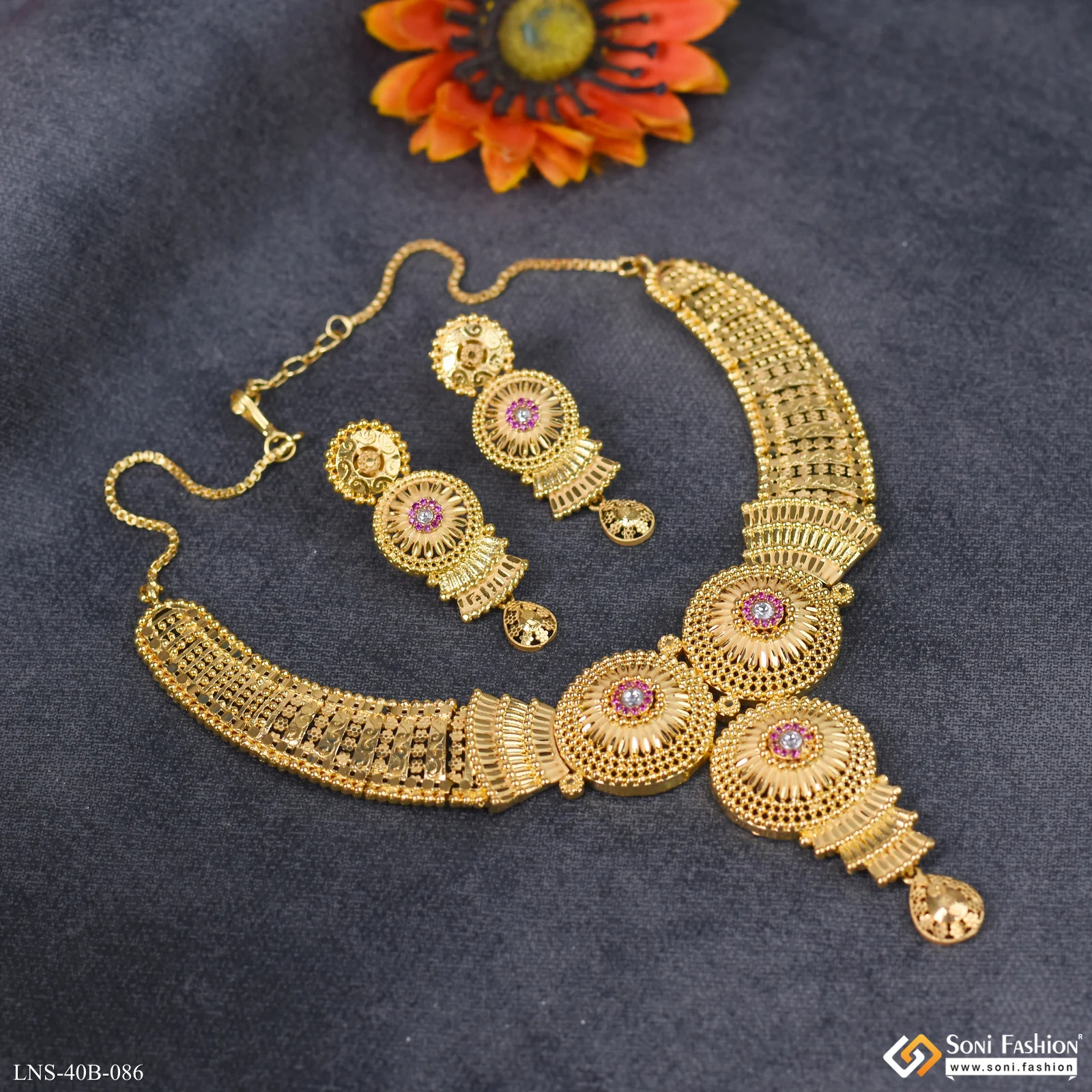 1 Gram Gold Plated Latest Design Necklace Set for Women - Style B086 - Image 4