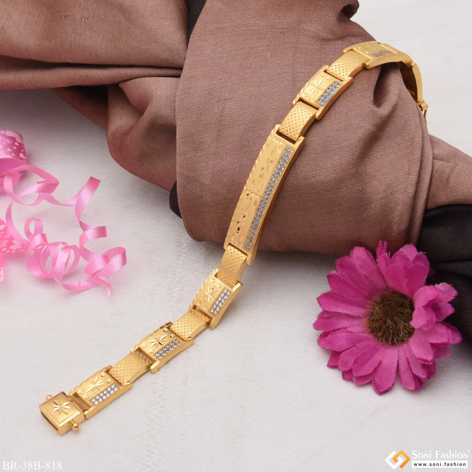 1 Gram Gold Plated Line with Diamond Delicate Design Bracelet for Men - Style B818 - Image 3