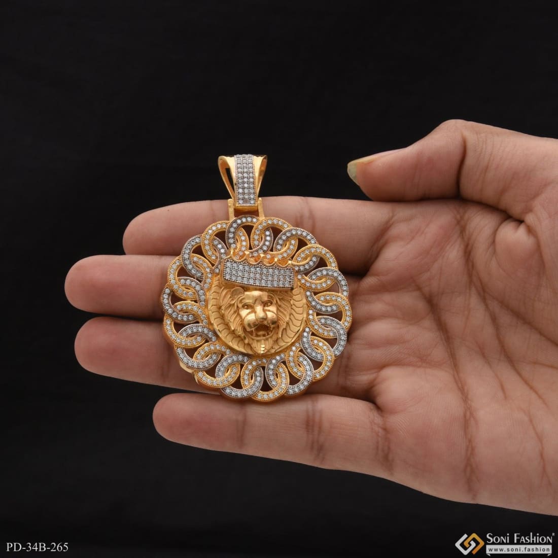 1 Gram Gold Plated Lion Face With Diamond Best Quality Pendant For Men - Style B265