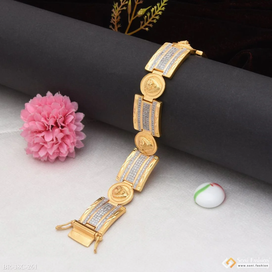 1 Gram Gold Plated Lion With Diamond Antique Design Bracelet For Men - Style C261 - Image 3