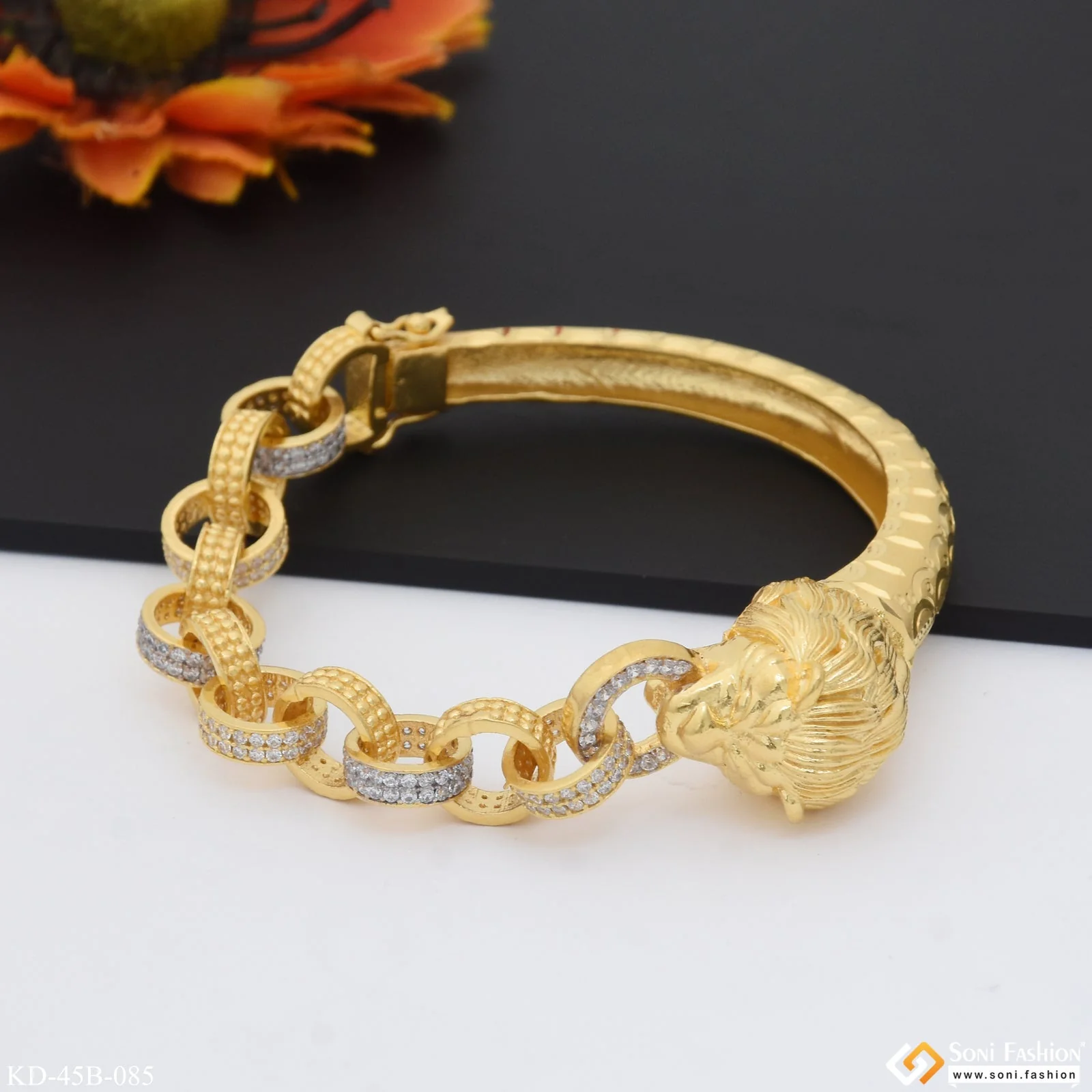 1 Gram Gold Plated Lion with Diamond Awesome Design Kada for Men - Style B085 - Image 3