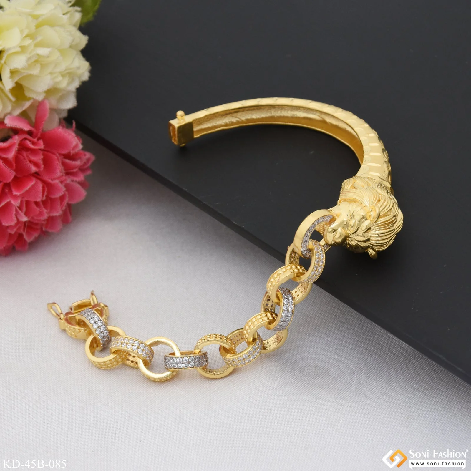 1 Gram Gold Plated Lion with Diamond Awesome Design Kada for Men - Style B085 - Image 4