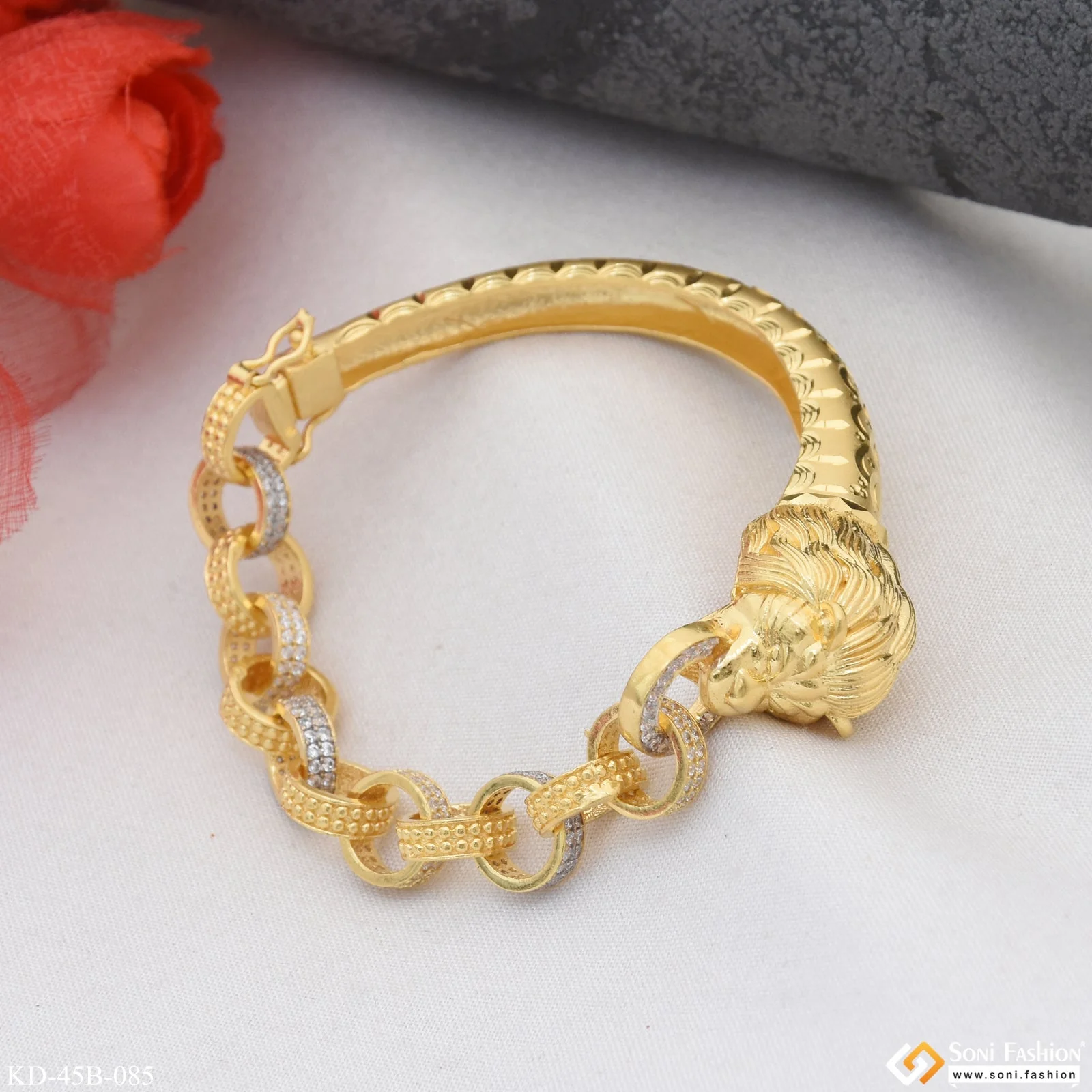 1 Gram Gold Plated Lion with Diamond Awesome Design Kada for Men - Style B085 - Image 5