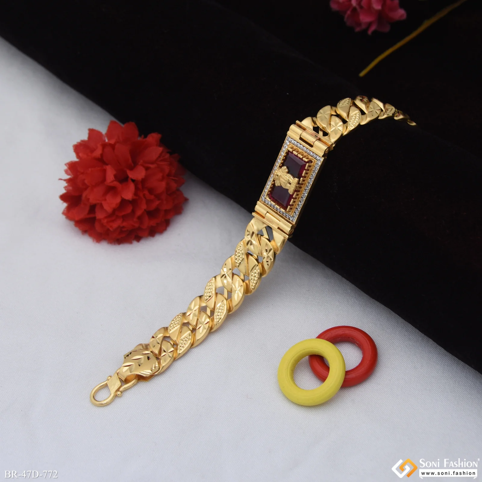 1 Gram Gold Plated Mudra On Red Stone Bracelet For Men - Style D772 - Image 4