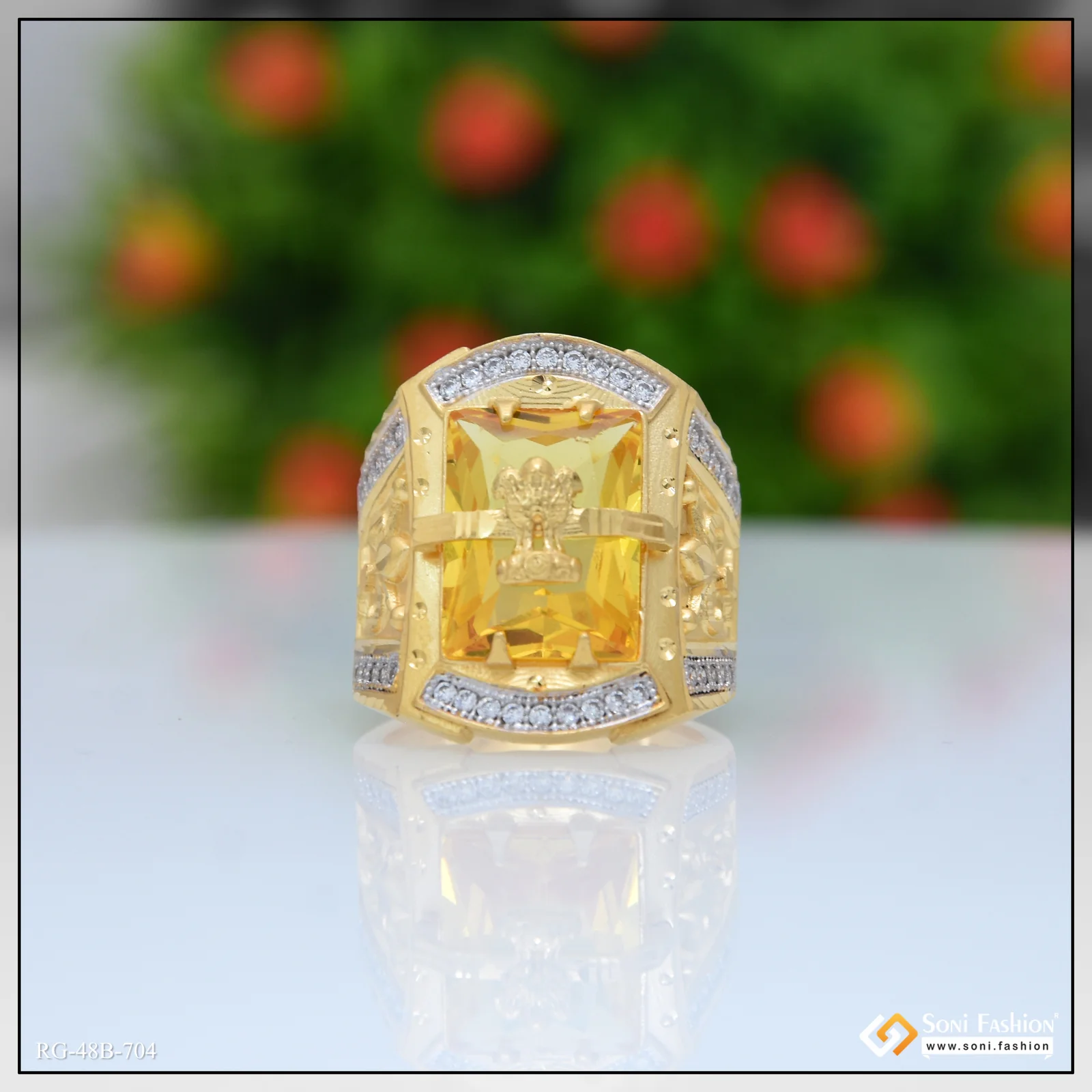 1 Gram Gold Plated Mudra On Yellow Stone Amazing Design Ring for Men - Style B704 - Image 3
