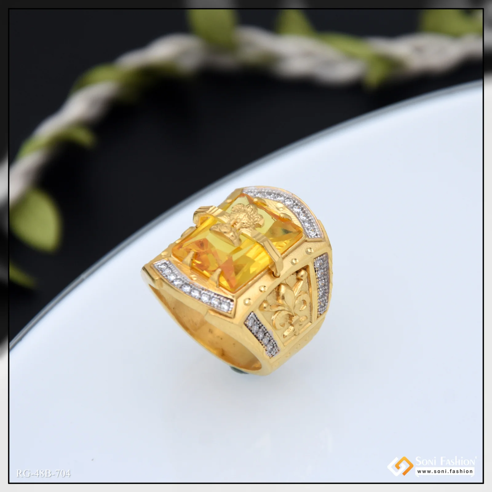 1 Gram Gold Plated Mudra On Yellow Stone Amazing Design Ring for Men - Style B704 - Image 4