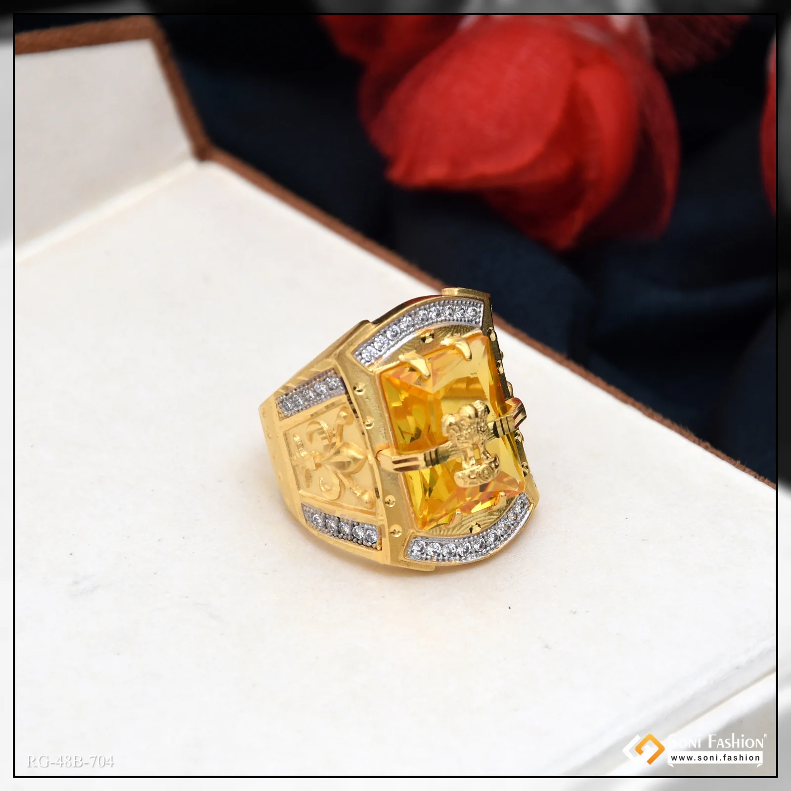 1 Gram Gold Plated Mudra On Yellow Stone Amazing Design Ring for Men - Style B704 - Image 5