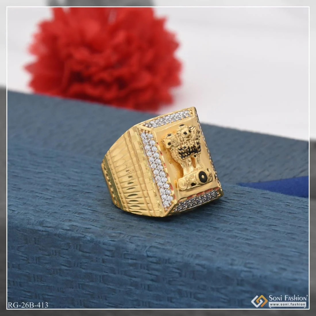 1 Gram Gold Plated Mudra With Diamond Artisanal Design Ring For Men - Style B413 - Image 4