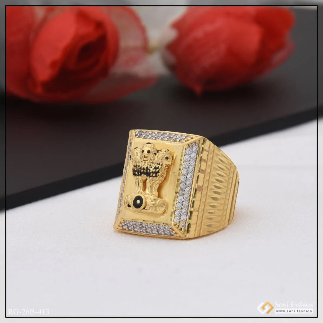 1 Gram Gold Plated Mudra With Diamond Artisanal Design Ring For Men - Style B413 - Image 5