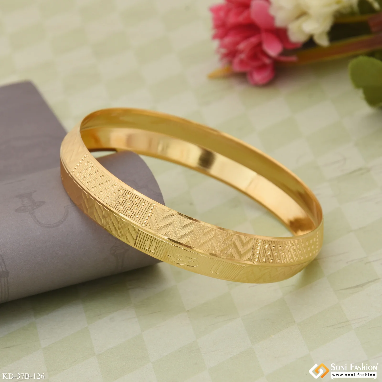 1 Gram Gold Plated Om Artisanal Design Punjabi Kada for Men - Style B126 - Image 6
