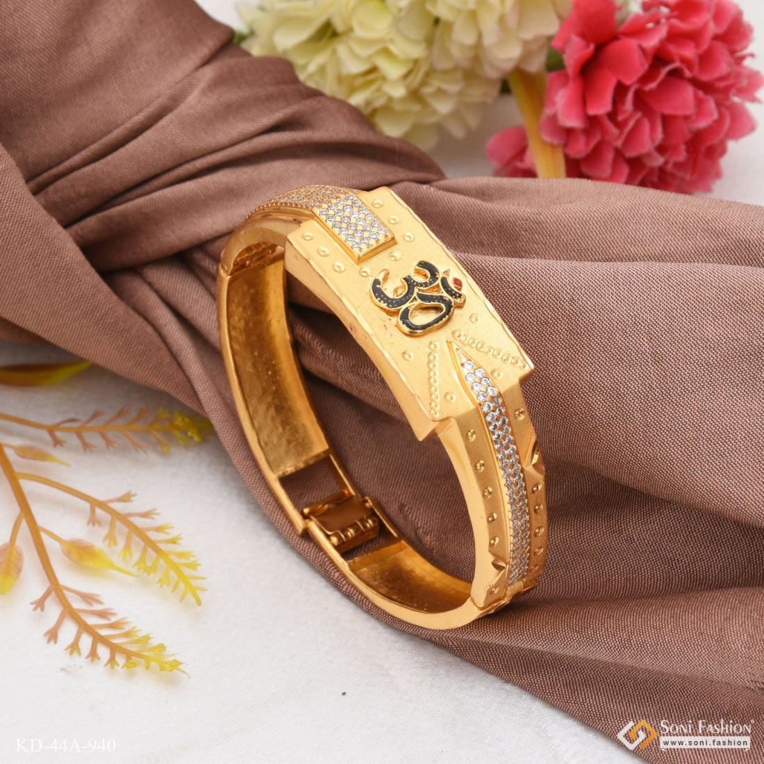 1 Gram Gold Plated Om Glittering Design Bracelet Kada for Men - Style A940 - Image 3