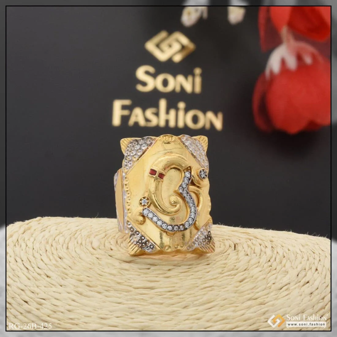 1 Gram Gold Plated Om with Diamond Design High-Quality Ring for Men - Style B425 - Image 2