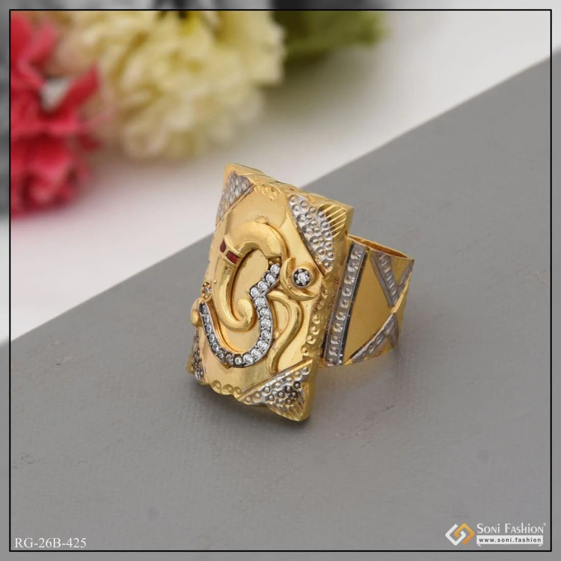 1 Gram Gold Plated Om with Diamond Design High-Quality Ring for Men - Style B425 - Image 3