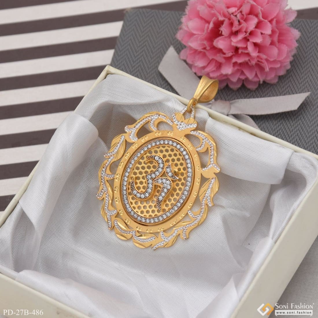 1 Gram Gold Plated Om With Diamond Glamorous Design Pendant For Men - Style B486 - Image 3