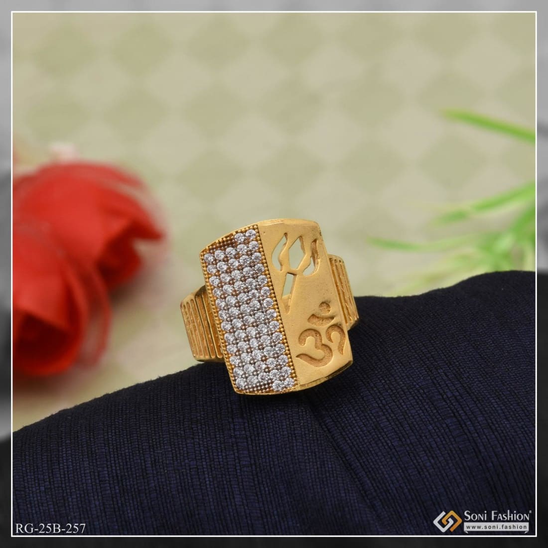 1 Gram Gold Plated Om with Diamond Glittering Design Ring for Men - Style B257 - Image 2
