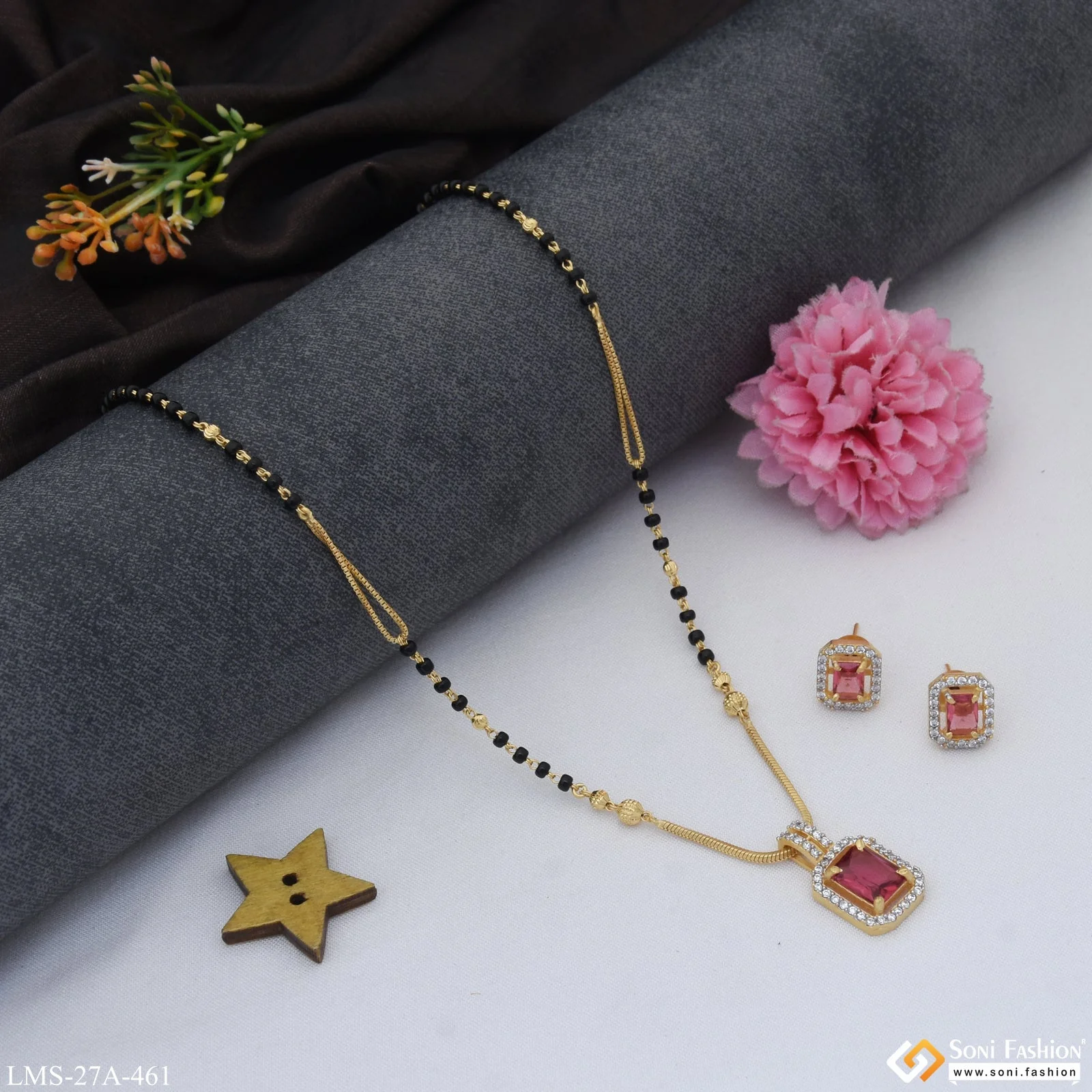 1 Gram Gold Plated Pink Stone Designer Mangalsutra Set for Women - Style A461 - Image 4
