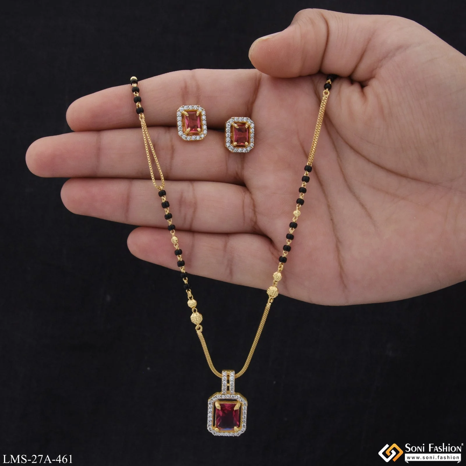 1 Gram Gold Plated Pink Stone Designer Mangalsutra Set for Women - Style A461 - Image 5