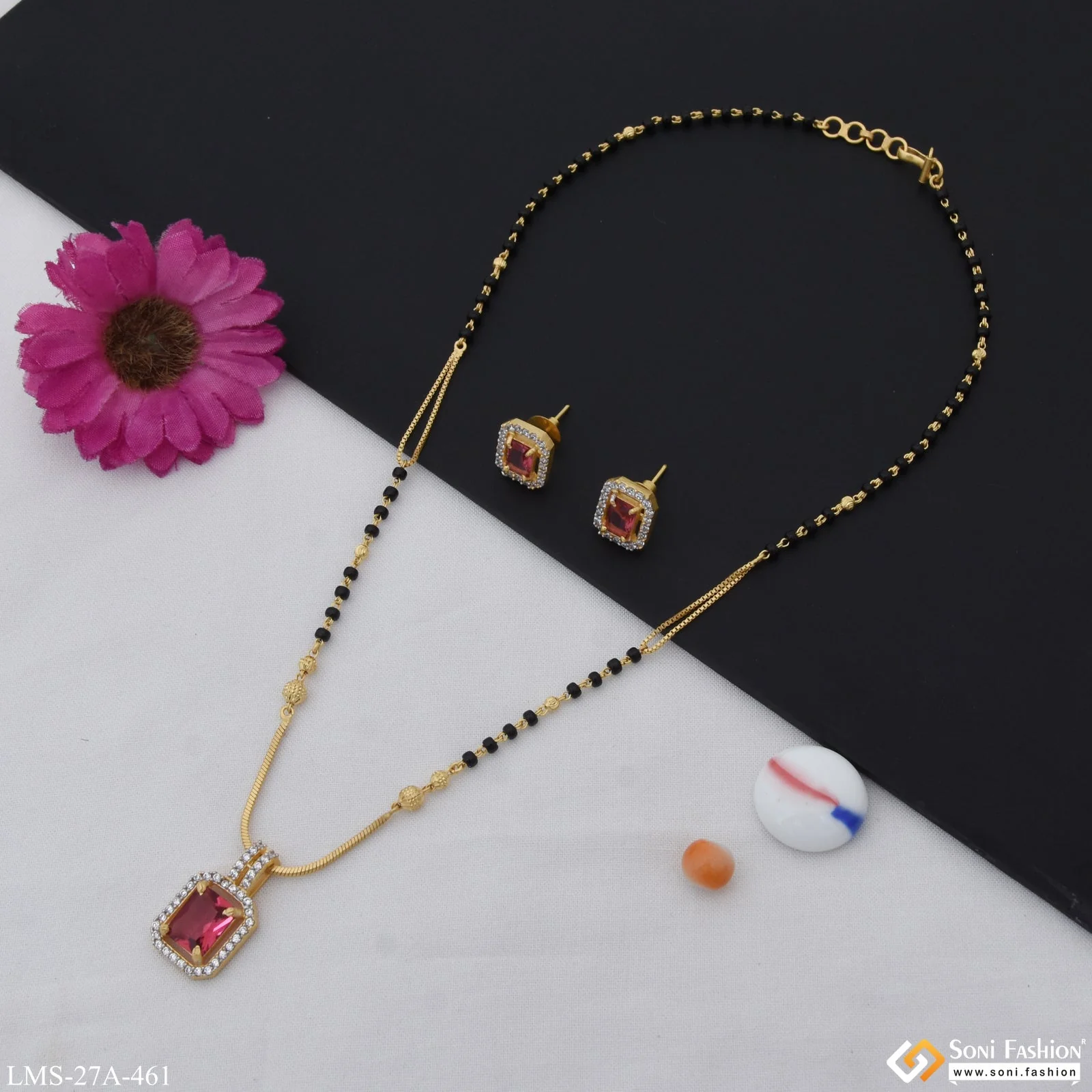 1 Gram Gold Plated Pink Stone Designer Mangalsutra Set for Women - Style A461 - Image 6