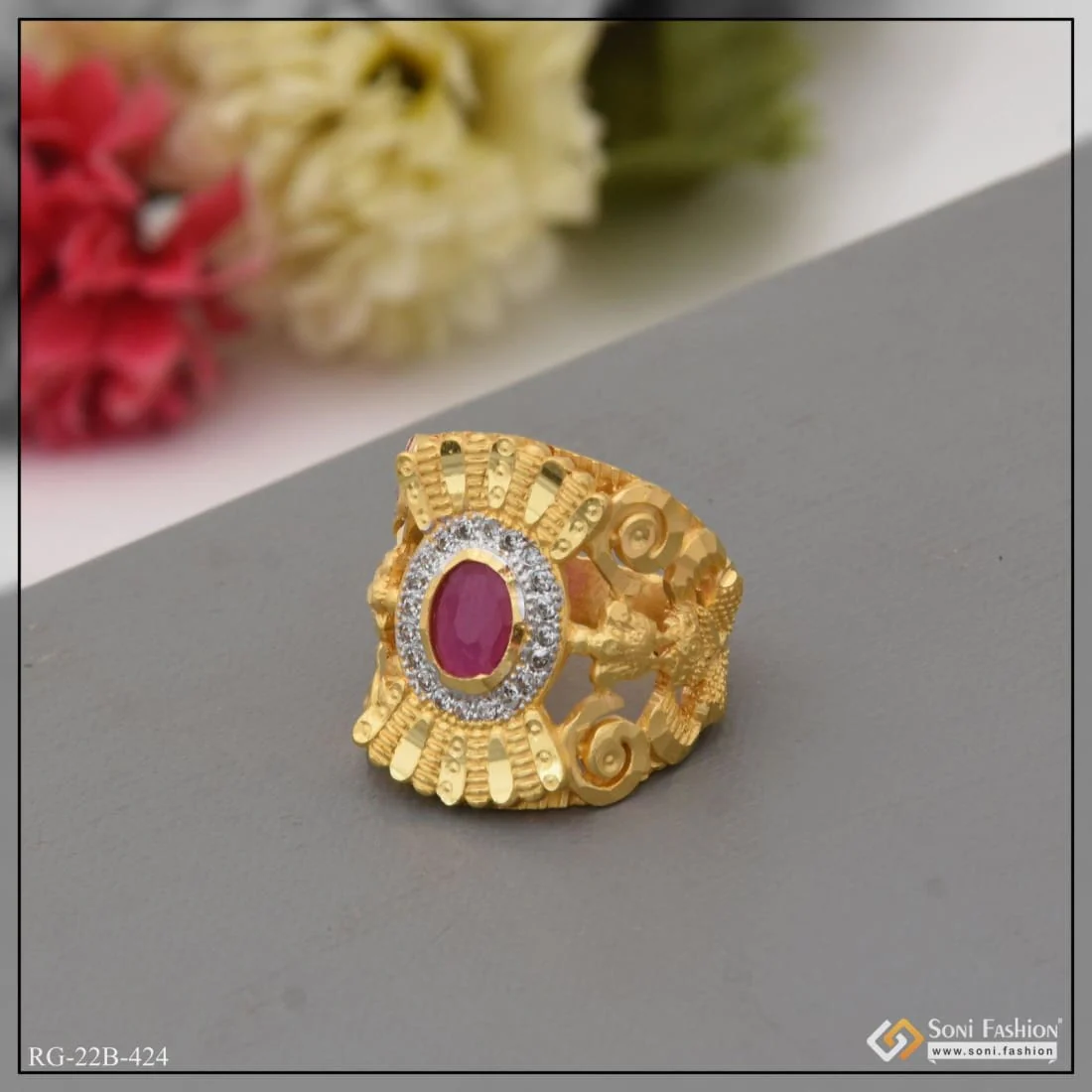 1 Gram Gold Plated Pink Stone with Diamond Amazing Design Ring for Men - Style B424 - Image 5