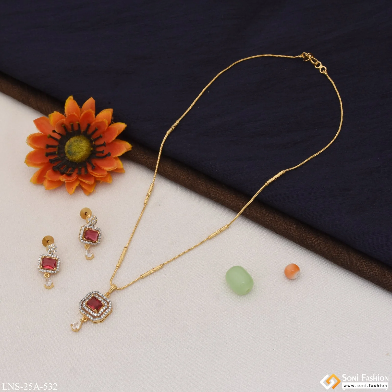 1 Gram Gold Plated Pink Stone Funky Design Necklace Set for Lady - Style A532 - Image 3