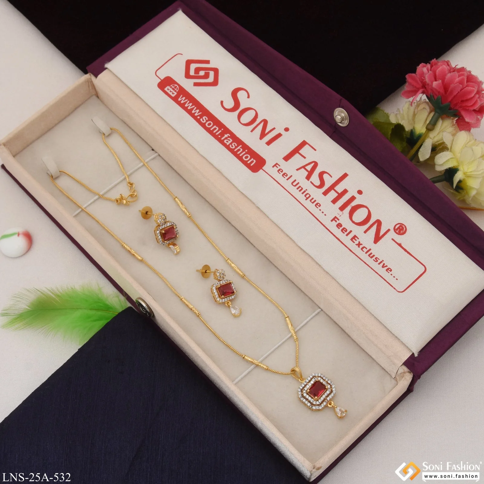 1 Gram Gold Plated Pink Stone Funky Design Necklace Set for Lady - Style A532 - Image 4