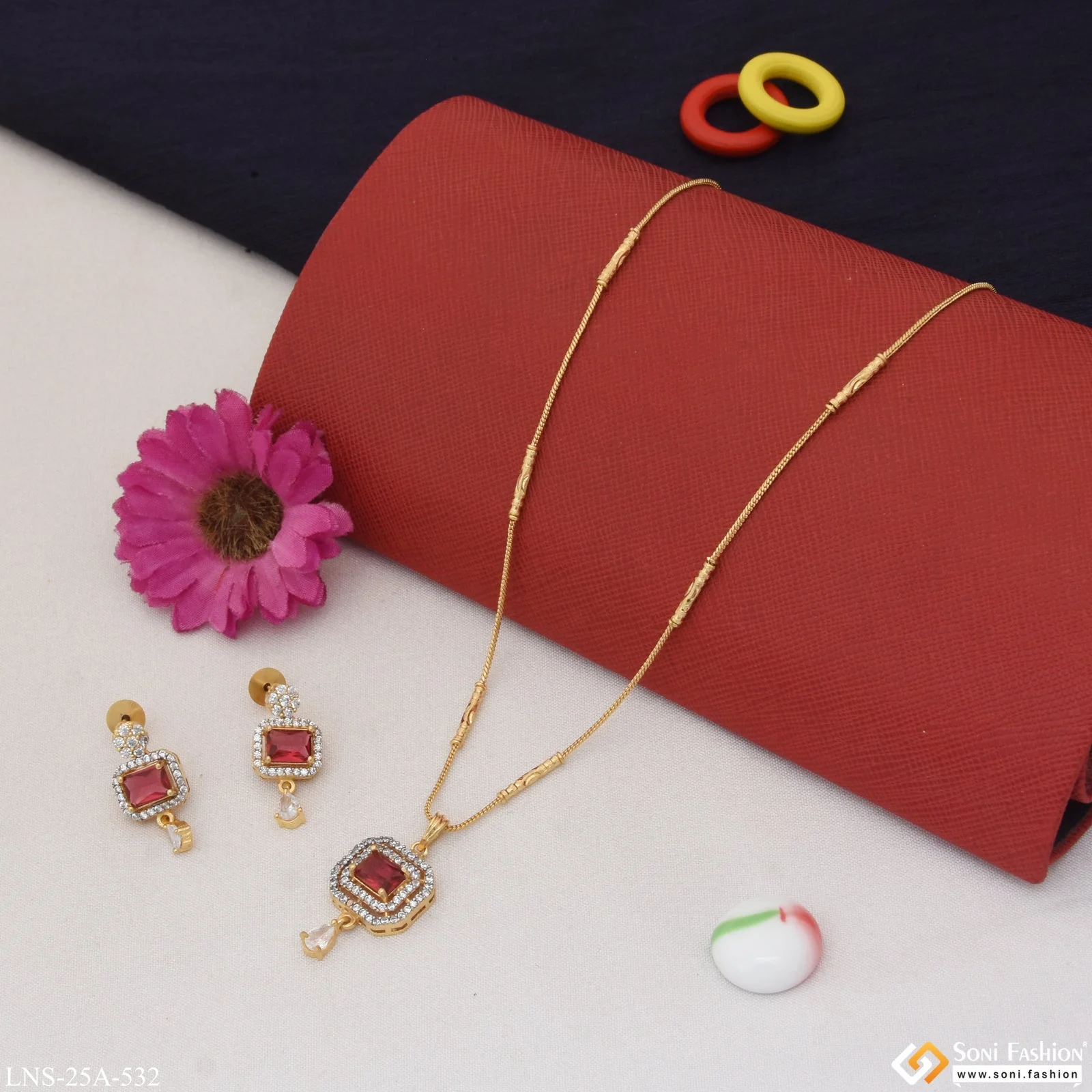 1 Gram Gold Plated Pink Stone Funky Design Necklace Set for Lady - Style A532 - Image 5