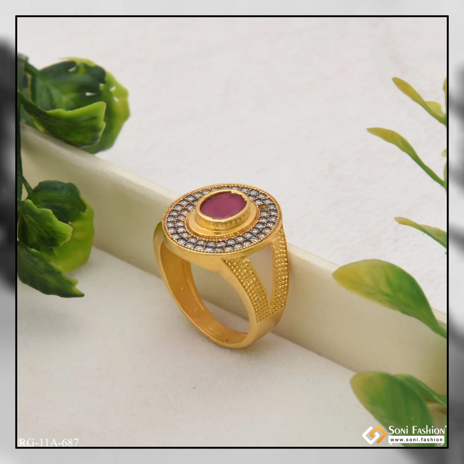 1 Gram Gold Plated Pink Stone Lovely Design High-Quality Ring for Men - Style A687 - Image 3