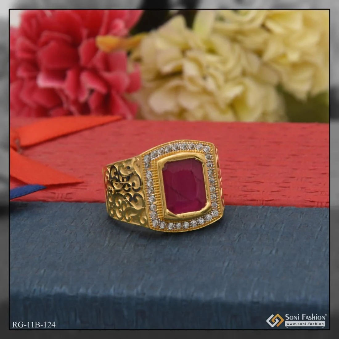 1 Gram Gold Plated Pink Stone with Diamond Artisanal Design Ring - Style B124 - Image 4
