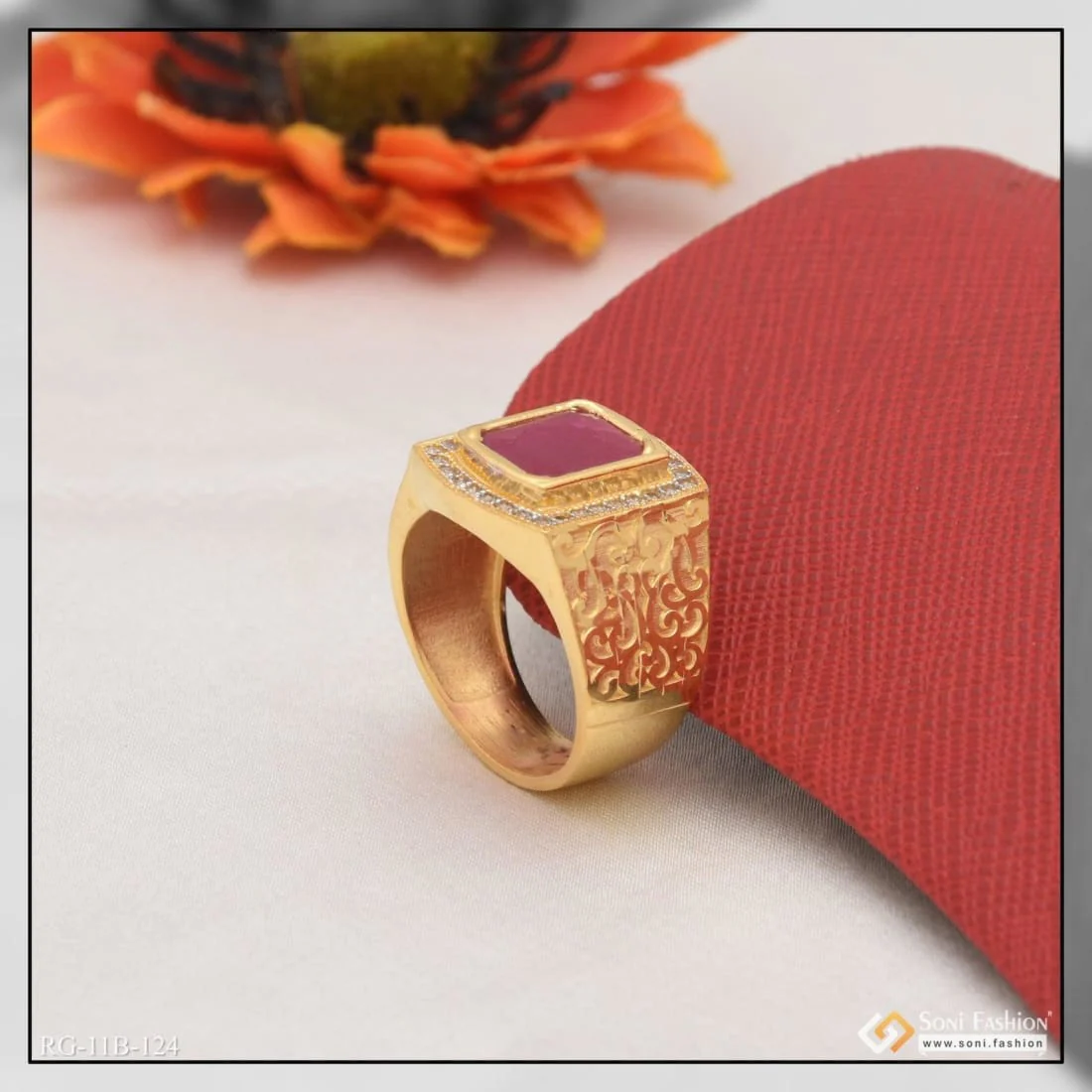 1 Gram Gold Plated Pink Stone with Diamond Artisanal Design Ring - Style B124 - Image 5