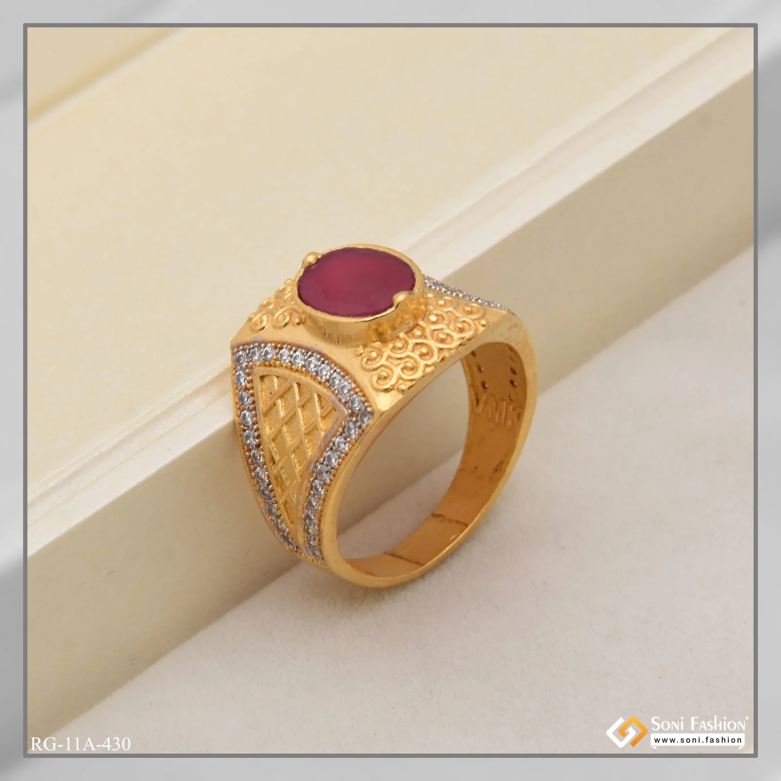 1 Gram Gold Plated Pink Stone With Diamond Best Quality Ring For Men - Style A430 - Image 3