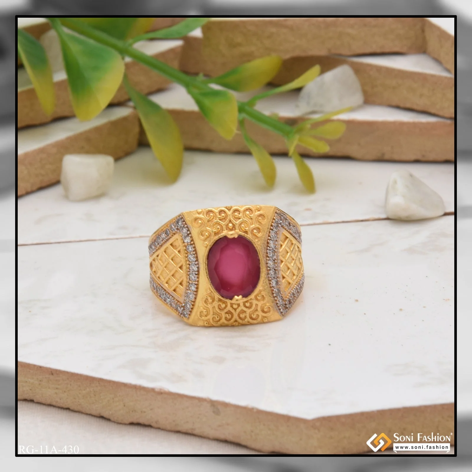 1 Gram Gold Plated Pink Stone With Diamond Best Quality Ring For Men - Style A430 - Image 4
