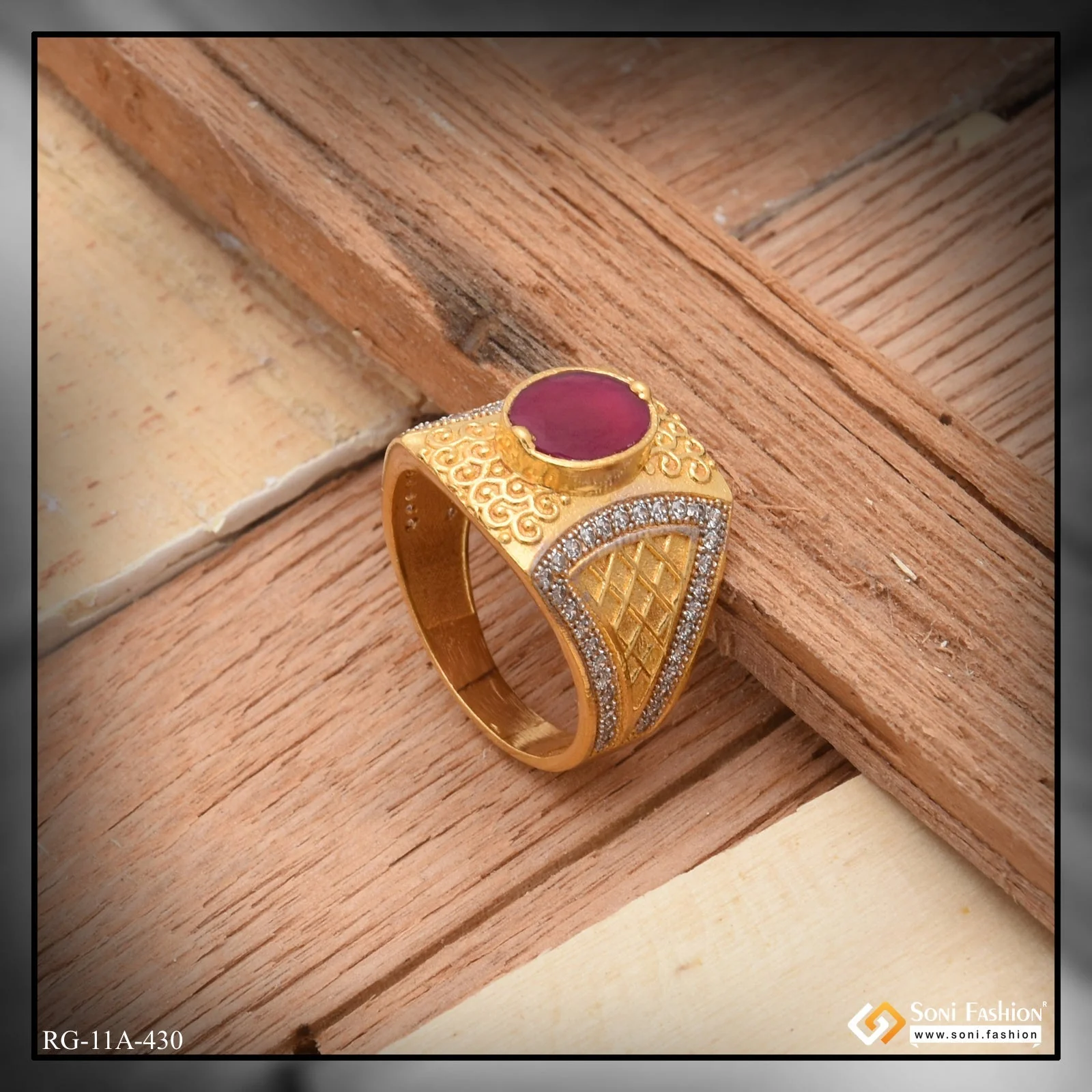 1 Gram Gold Plated Pink Stone With Diamond Best Quality Ring For Men - Style A430 - Image 5