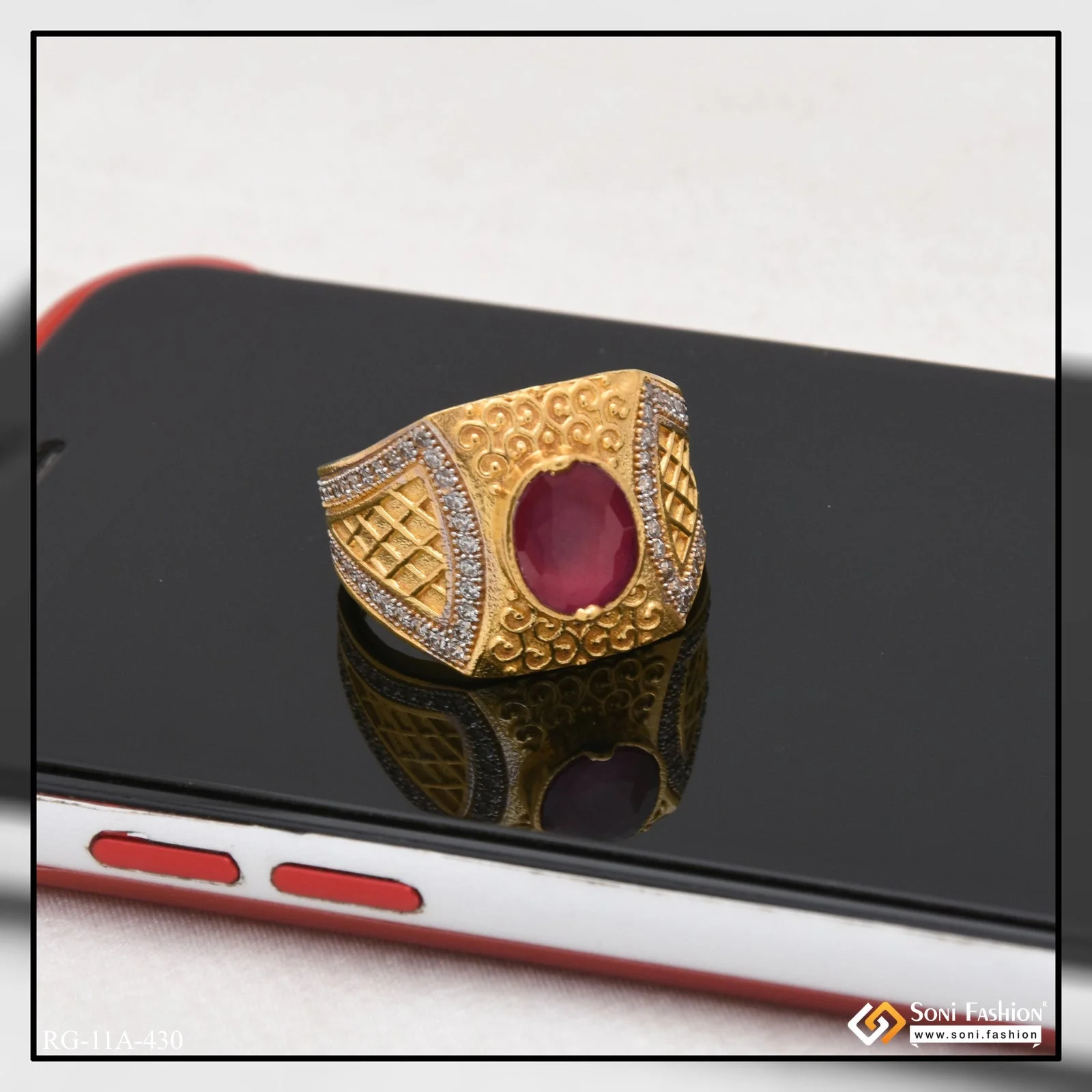 1 Gram Gold Plated Pink Stone With Diamond Best Quality Ring For Men - Style A430 - Image 6
