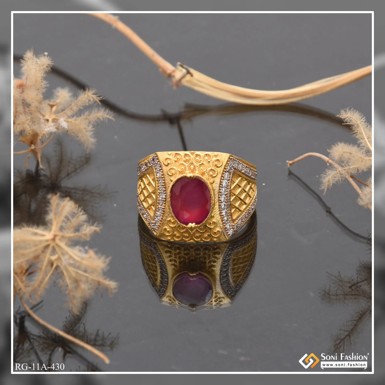 1 Gram Gold Plated Pink Stone With Diamond Best Quality Ring For Men - Style A430 - Image 7