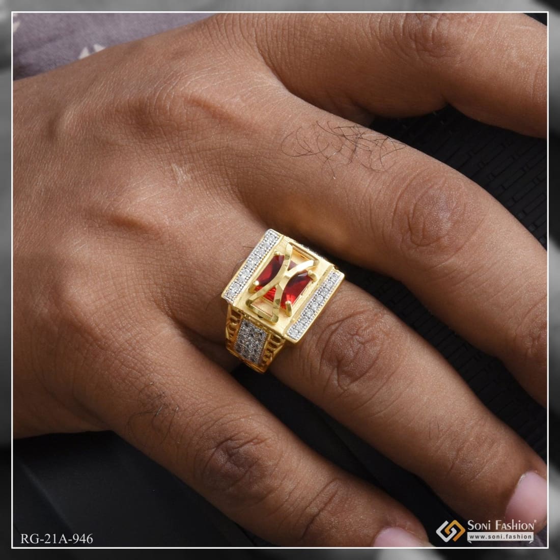 1 Gram Gold Plated Pink Stone With Diamond Best Quality Ring For Men - Style A946