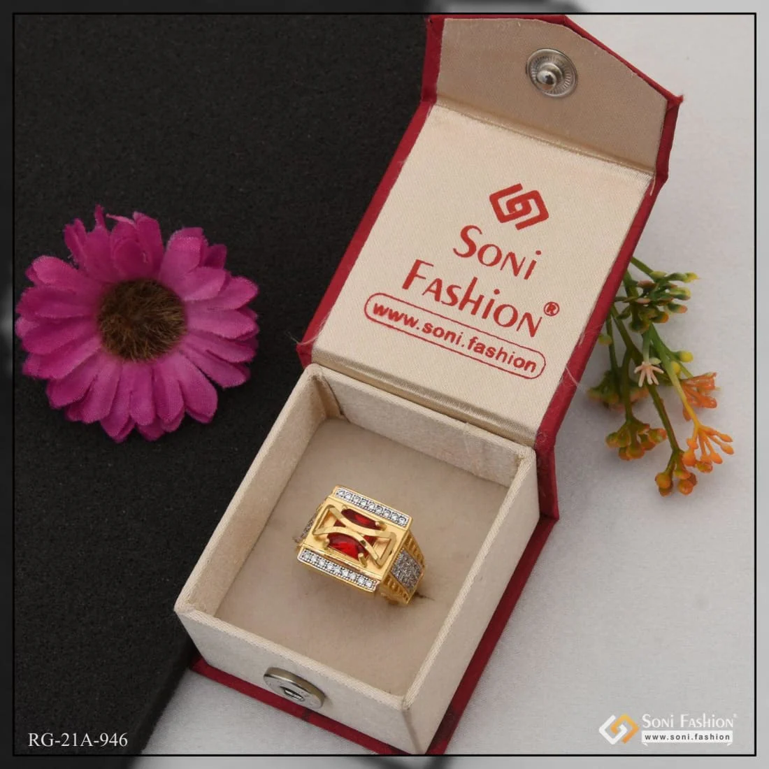 1 Gram Gold Plated Pink Stone With Diamond Best Quality Ring For Men - Style A946 - Image 2