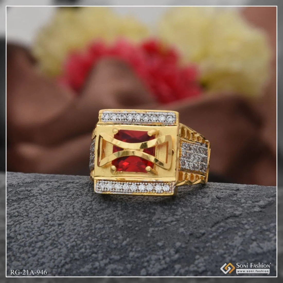 1 Gram Gold Plated Pink Stone With Diamond Best Quality Ring For Men - Style A946 - Image 3